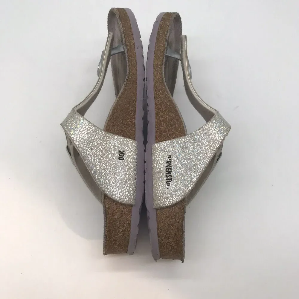 Birkenstock Gizeh Sparkly Silver Birko-Flor T-Strap Thong 34 Girls 3-3.5 Sandals